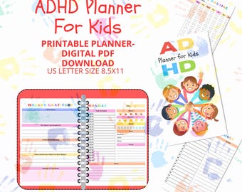May include: A printable ADHD planner for kids, featuring a colorful cover with a group of children holding hands. The planner includes a weekly gratitude log, a daily schedule, and a weekly routine section. The planner is 8.5x11 inches.