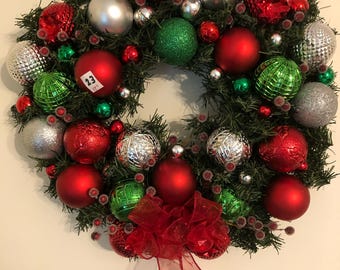 Classic Christmas Ornament Wreath, Red Green Silver, Holiday Door Decor