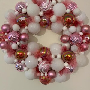 Pink and White Ornament Wreath – 18-Inch Handmade Holiday Décor