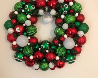 Festive Christmas Ornament Wreath - Handmade Red, Green, and White Holiday Door Decor - 16" Diameter