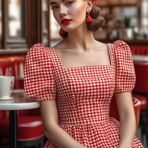 May include: A woman wearing a red and white gingham dress with a red beret and red tassel earrings. She is sitting at a table in a cafe.