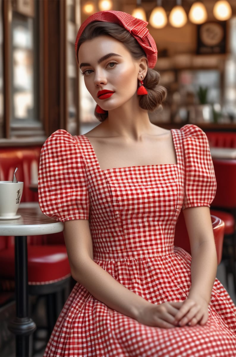May include: A woman wearing a red and white gingham dress with a red beret and red tassel earrings. She is sitting at a table in a cafe.