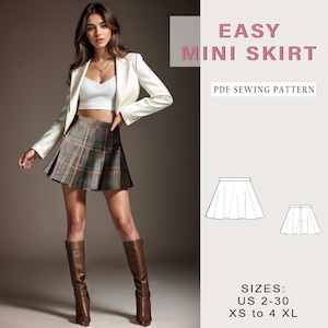 May include: A PDF sewing pattern for an easy mini skirt. The pattern includes instructions for sizes UK 6-34, XS to 4XL. The image shows a woman wearing a plaid mini skirt with a white top and a white blazer.