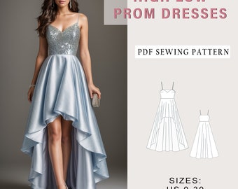 High-Low Prom Dress Sewing Pattern, Evening Gown Pattern,  Ball Gown Pattern, Homecoming Dress, Cocktail Dress, Graduation Dress, XS-4XL