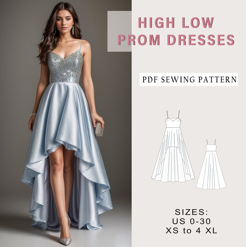 Puede incluir: Un patr&oacute;n de costura PDF para un vestido de graduaci&oacute;n alto-bajo. El patr&oacute;n incluye las tallas US 0-30 y XS a 4XL. El vestido se muestra en color azul claro con un corpi&ntilde;o de lentejuelas y una falda fluida.