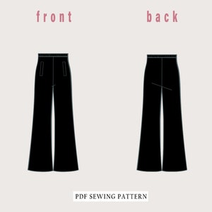 May include: Black wide-leg trousers, front and back views, displayed on a light beige background. The front view shows two pockets. The text "front" and "back" are above the trousers. The text "PDF SEWING PATTERN" is below.