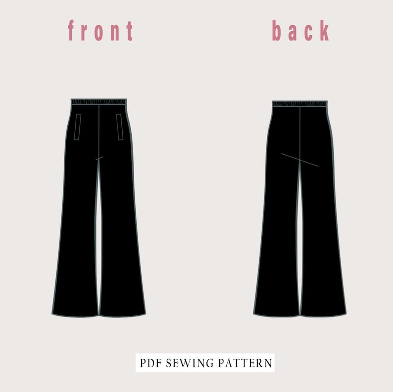 May include: Black wide-leg trousers, front and back views, displayed on a light beige background. The front view shows two pockets. The text "front" and "back" are above the trousers. The text "PDF SEWING PATTERN" is below.