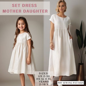 May include: A white linen dress sewing pattern for mothers and daughters. The pattern includes sizes US 2-30 and XS to 4XL for ages 2-16 years. The pattern is available as a PDF download.