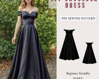 Patrón de costura de vestido de cuello de novia con hombros descubiertos, vestido de fiesta PDF Patrón de costura Descarga instantánea, Vestido de dama de honor, Tallas de EE. UU. 2-30 Tallas grandes