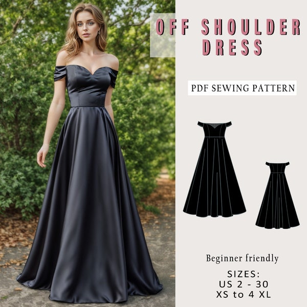 Off Shoulder Sweetheart Neck Dress Sewing Pattern, Prom Dress PDF Sewing Pattern Instant Download, Bridesmaid Dress, US Sizes 2-30 Plus Size