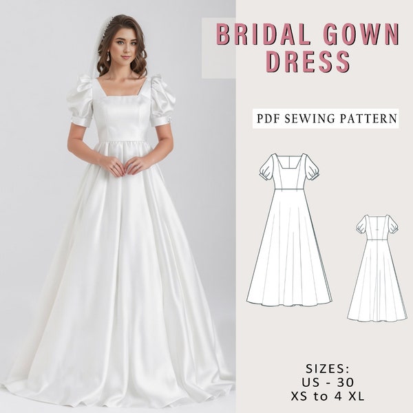 Bridal Gown Sewing Pattern, Square Neck Bridal Gown, Cocktail Dress Pattern, Fairy Dress pattern, evening gown, Snow White Cosplay Dress,