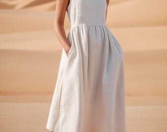 Midi Smock Linen Dress, Linen Midi Gathered Dress Sewing Pattern, Cottagecore dress, Shift Dress, Gathered Dress, Overall Dress, Boho Dress