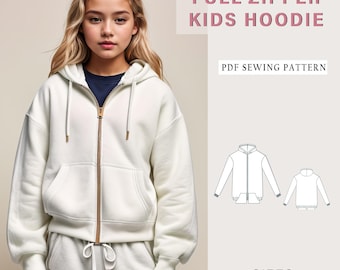 Kid's Full Zip Hoodie Sewing Pattern (Sizes 2-16) (PDF Pattern)
