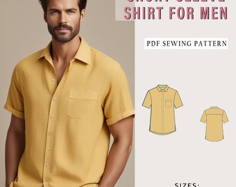 Patrón de costura camisa manga corta hombre, Patrón costura camisa bolsillo hombre, Patrón PDF Descarga instantánea, Xs-7xl, Patrones tallas grandes, Lino hombre