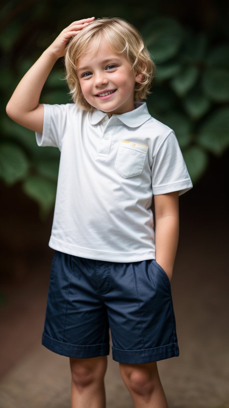 Puede incluir: Un ni&ntilde;o peque&ntilde;o con una camisa polo blanca con un peque&ntilde;o bolsillo en el pecho izquierdo y pantalones cortos azul marino. El ni&ntilde;o sonr&iacute;e y tiene el pelo rubio.