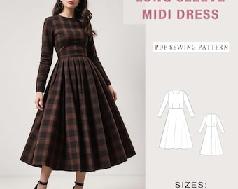 May include: A PDF sewing pattern for a long-sleeved midi dress. The pattern includes instructions for sizes UK 6-34, XS to 4XL. The dress is shown in a brown and black plaid fabric.