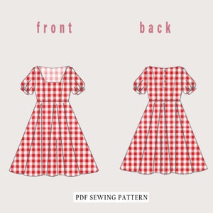 May include: A PDF sewing pattern for a red and white gingham dress with a square neckline and puffed sleeves. The pattern includes both front and back views of the dress.