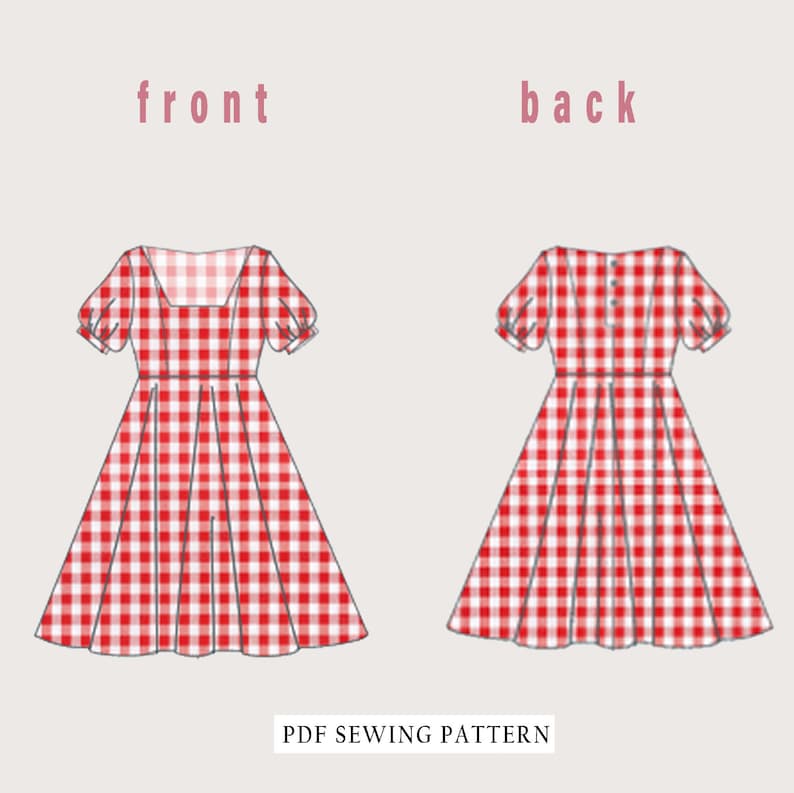 May include: A PDF sewing pattern for a red and white gingham dress with a square neckline and puffed sleeves. The pattern includes both front and back views of the dress.