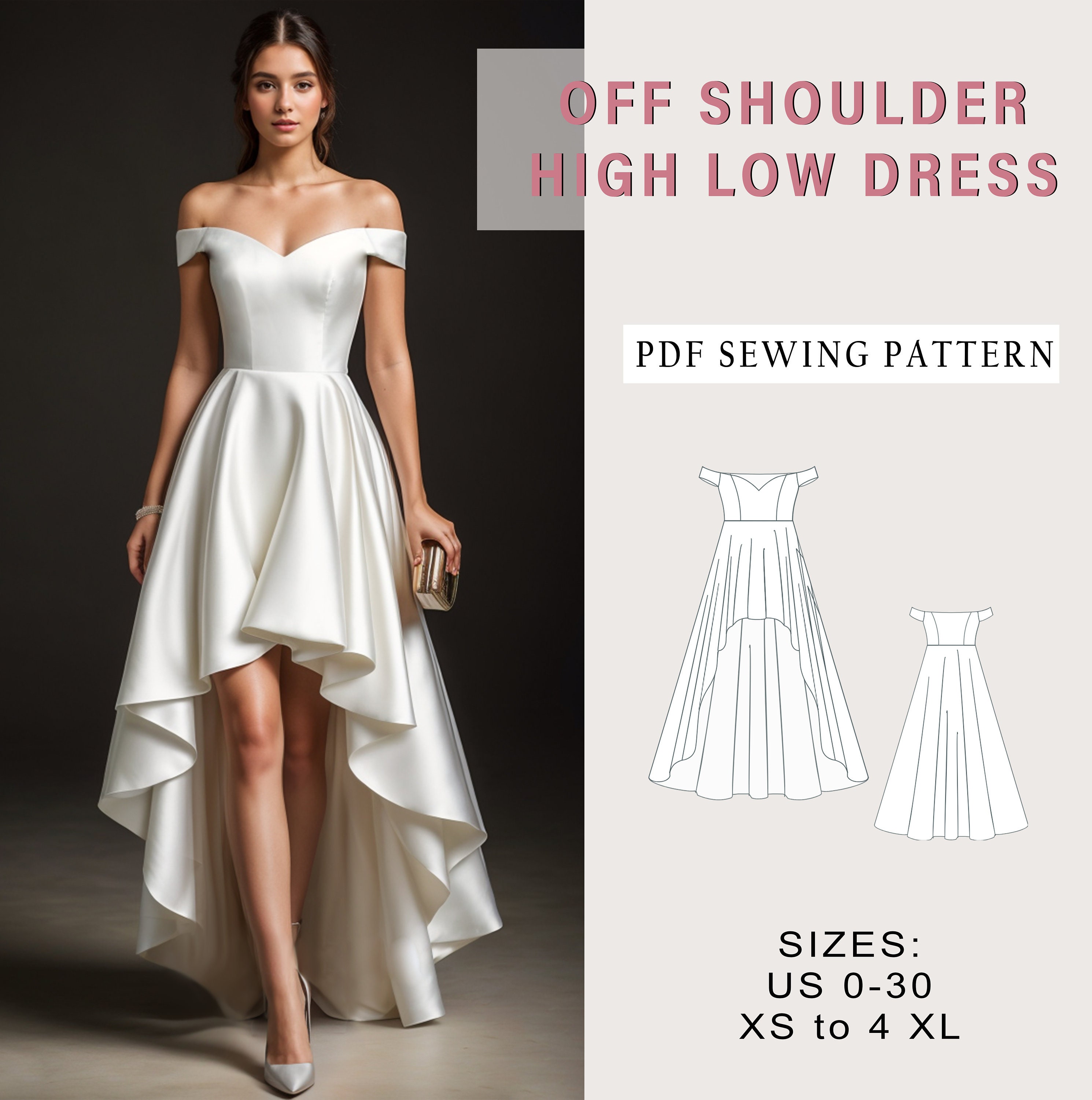 Off Shoulder Bridal Gown Sewing Pattern High low Dress Pattern Fairy Dress Ball Gown Circle Dress Pattern Wedding Dress Pattern A4 A0 Etsy