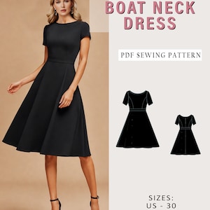 Boat Neck Dress, Boat Sewing Dress Pattern, Easy sewing PDF Pattern, Circle skirt, Short Sleeve, Back Zipper, us 2 to 30 - XS-5XL