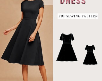 Boat Neck Dress, Boat Sewing Dress Pattern, Easy sewing PDF Pattern, Circle skirt, Short Sleeve, Back Zipper, us 2 to 30 - XS-5XL