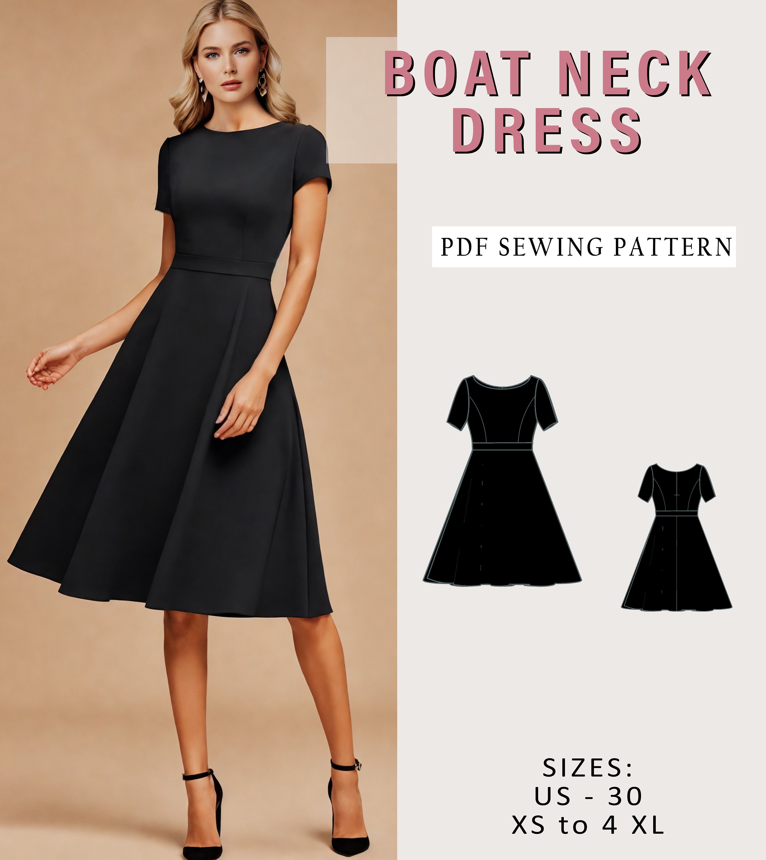 Boat Neck Dress, Boat Sewing Dress Pattern, Easy Sewing PDF Pattern, Circle Skirt, Short Sleeve, Back Zipper, Us 2 to 30 XS-5XL - Etsy Boat Neck Dress, Boat Sewing Dress Pattern, Easy Sewing PDF Pattern, Circle Skirt, Short Sleeve, Back Zipper, Us 2 to 30 XS-5XL - Etsy