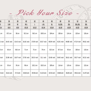May include: Size chart for clothing with measurements in inches and centimeters. The chart includes EU, International, and US sizes. The chart shows bust, waist, and hip measurements for sizes 32 to 60.