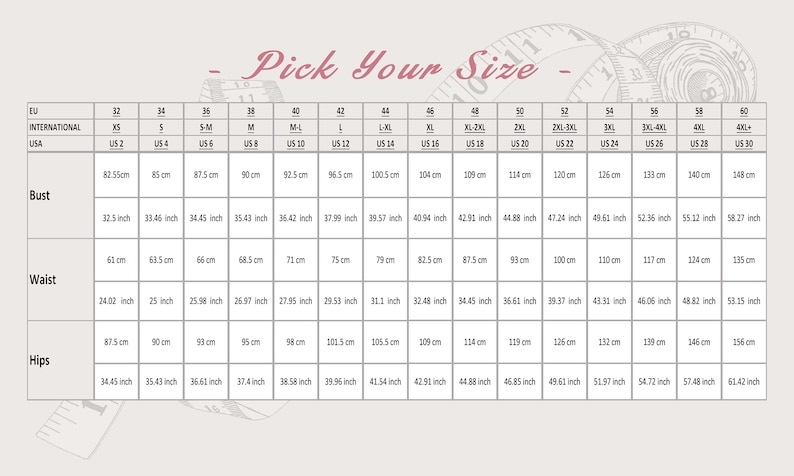 May include: Size chart for clothing with measurements in inches and centimeters. The chart includes EU, International, and US sizes. The chart shows bust, waist, and hip measurements for sizes 32 to 60.