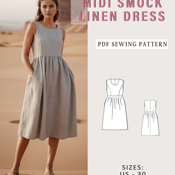 Midi Smock Linen Dress, Linen Midi Gathered Dress Sewing Pattern, Cottagecore dress, Shift Dress, Gathered Dress, Overall Dress, Boho Dress