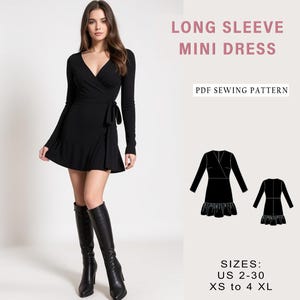 May include: A PDF sewing pattern for a long sleeve mini dress. The pattern includes instructions for sizes US 2-30, XS to 4XL. The dress is shown in black with a wrap style and a ruffle hem.