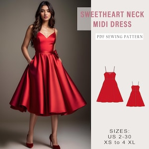 Könnte beinhalten: Ein rotes Midi-Kleid-Schnittmuster mit einem Sweetheart-Ausschnitt. Das Schnittmuster umfasst die Größen 34-52, XXS bis 4XL. Das Schnittmuster ist auf einer Schaufensterpuppe gezeigt und beinhaltet eine Vorder- und Rückseite.