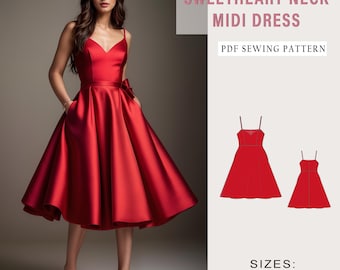 Cartamodello per abito midi con scollo a cuore (taglie dalla XS alla 4XL) (cartamodello in PDF)