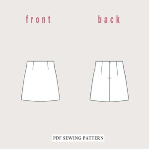 May include: A white line drawing of a skirt pattern, showing the front and back views. The word "front" is above the front view, and "back" is above the back view. The text "PDF SEWING PATTERN" is below the skirt pattern.