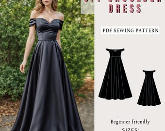 Off Shoulder Sweetheart Neck Dress Sewing Pattern, Prom Dress PDF Sewing Pattern Instant Download, Bridesmaid Dress, US Sizes 2-30 Plus Size