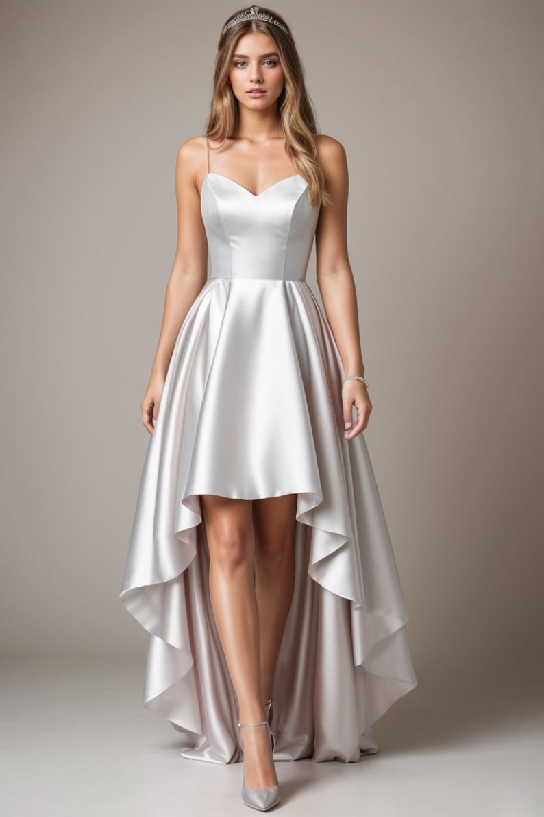 Puede incluir: Un vestido de sat&eacute;n plateado de corte alto-bajo con escote de coraz&oacute;n y tirantes finos.