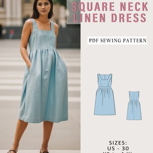 Square Neck Linen Dress, Pocketed Linen dress Pattern, Summer Linen Dress Pattern,Spring Dress Pattern,Women Dress Pattern ,A0 A4 US 2 To 30