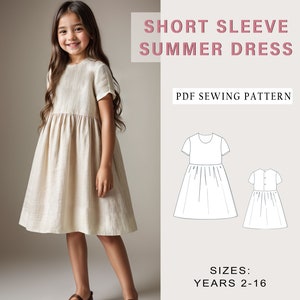 Patrón de vestido de verano de manga corta para niños, patrón de costura de vestidos de niñas, patrón de costura de vestidos de niños en PDF, A0 A4 talla carta estadounidense-niña 2-16 años de edad