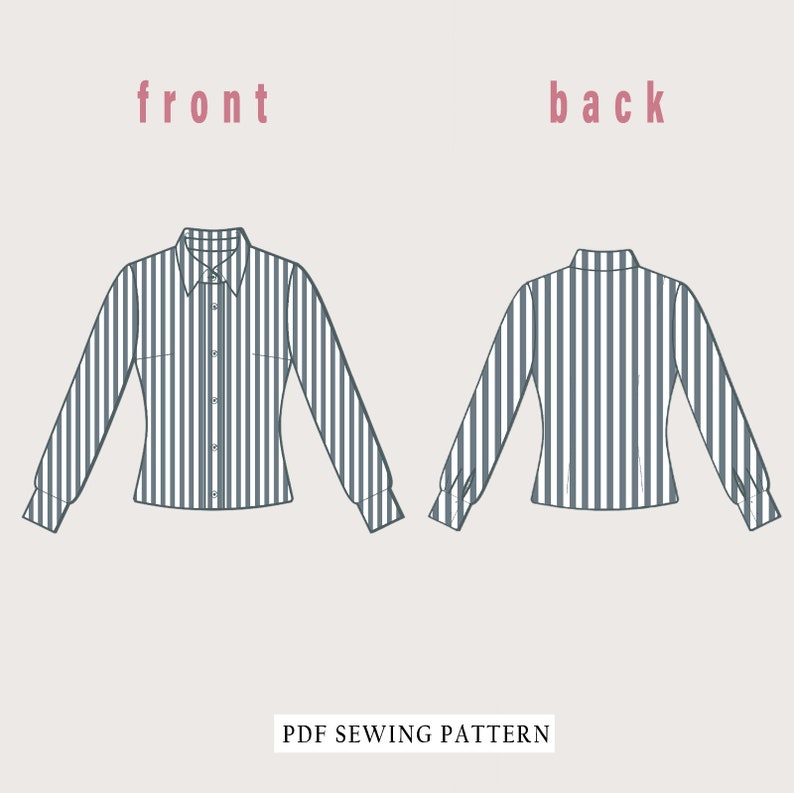 Pu&ograve; includere: Un disegno tecnico di una camicia abbottonata a maniche lunghe a righe verticali, che mostra le viste anteriore e posteriore. La camicia ha un colletto, polsini e una tasca. Le parole "front" e "back" sono sopra le viste. Il testo "PDF SEWING PATTERN" &egrave; in basso.