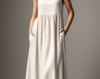 Vestido largo de lino sin mangas, patrón de costura para vestido de verano fruncido de lino, cintura imperio, patrón de vestido de verano, vestido de campesina, vestido circular