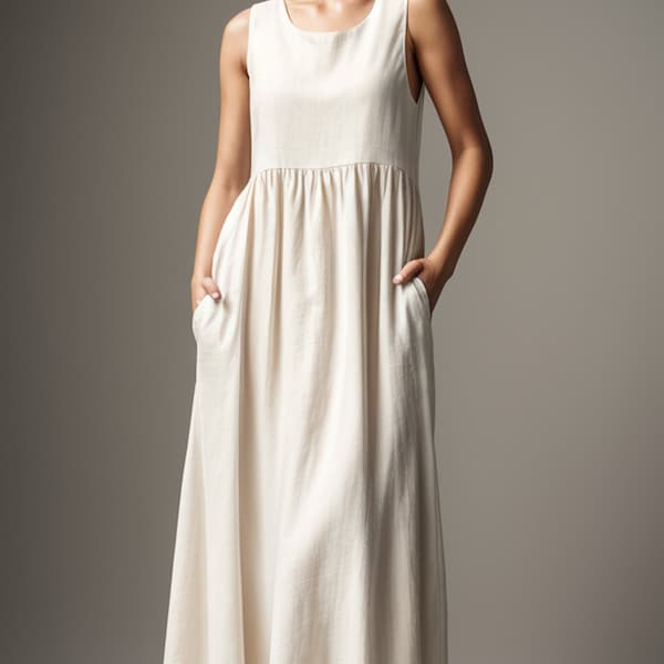 Sleeveless Linen Maxi Dress, Linen Gathered Summer Dress Sewing Pattern, Empire Waist, Sundress Pattern, Milkmaid Dress, Circle Dress