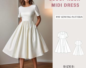 Scoop Neck Midi Dress Sewing Pattern: XS-4XL (PDF Pattern)