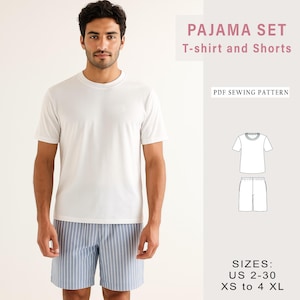 May include: A white t-shirt and blue striped shorts pajama set. The image includes the text "PAJAMA SET T-shirt and Shorts" and "PDF SEWING PATTERN". The size range is US 2-30 and XS to 4 XL. The model is wearing the pajama set.