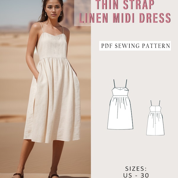 Thin Strap Linen Midi Dress, Pocketed Linen dress Pattern, Summer Linen Dress Pattern,Spring Dress Pattern,Women Dress Pattern , A0 A4 US