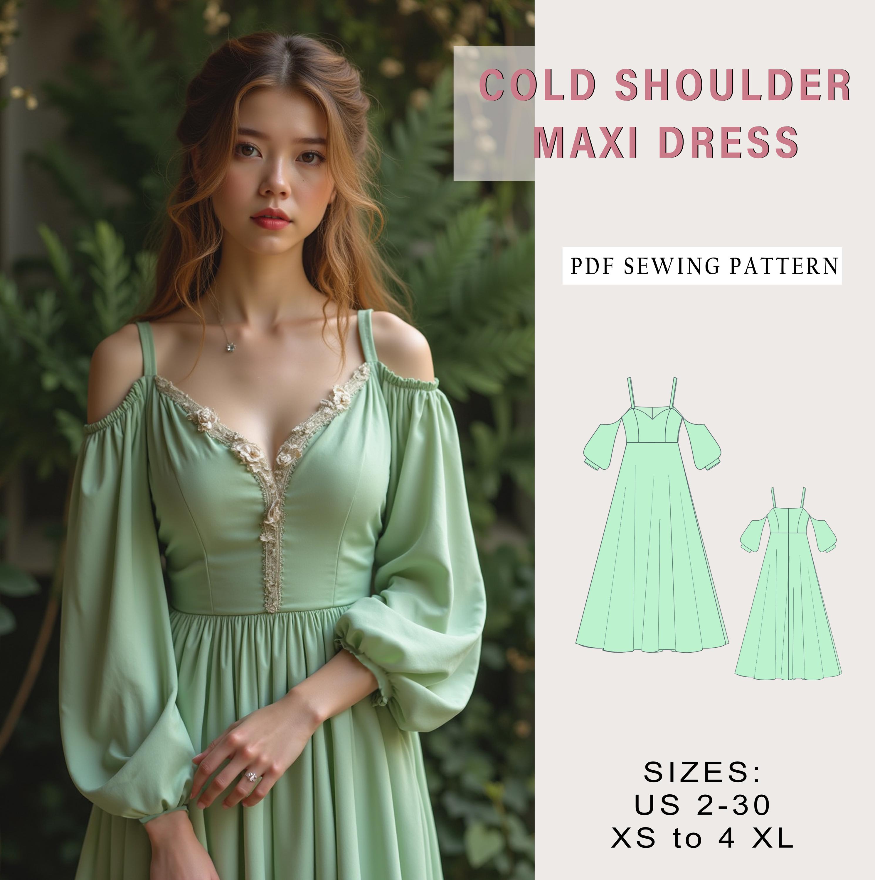 Cold Shoulder Maxi Dress Sewing Pattern: Sweetheart Neckline (PDF ...