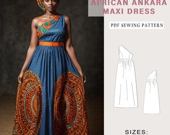 African Ankara One Shoulder Maxi Dress Sewing Pattern (PDF)
