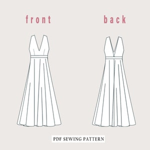 May include: A printable PDF sewing pattern for a sleeveless maxi dress with a V-neckline. The pattern includes front and back views of the dress.