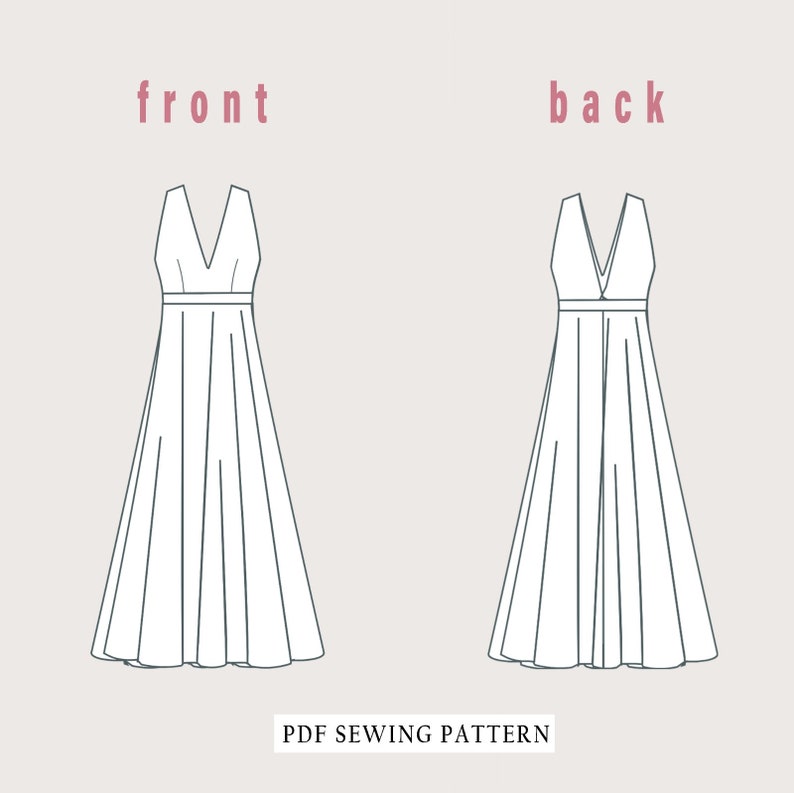 May include: A printable PDF sewing pattern for a sleeveless maxi dress with a V-neckline. The pattern includes front and back views of the dress.