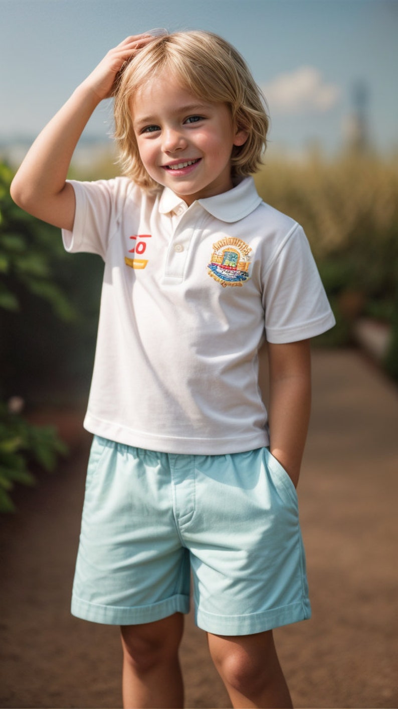 Puede incluir: Un ni&ntilde;o peque&ntilde;o con una camiseta polo blanca con un logotipo bordado y pantalones cortos de color azul claro. El logotipo presenta un dise&ntilde;o colorido con un edificio y el texto "Junior Sailing Club".