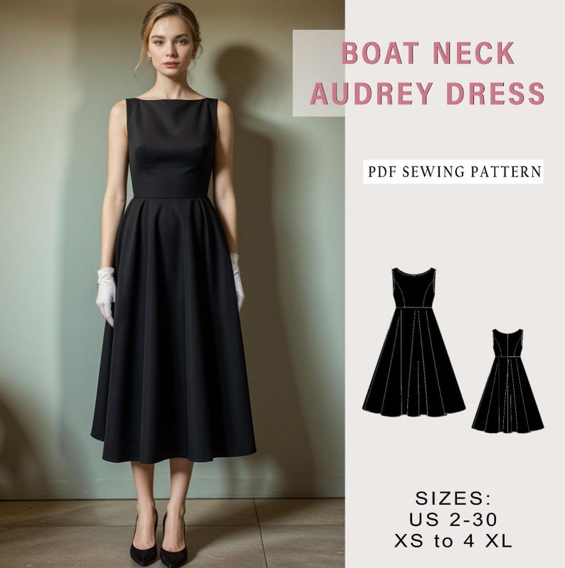 Pu&ograve; includere: Un cartamodello per un abito Audrey con scollo a barca nero. Il cartamodello comprende le taglie italiane 34-52, XS-4XL. Il cartamodello &egrave; mostrato su una modella che indossa l'abito.