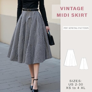 May include: A black and white gingham midi skirt sewing pattern. The pattern includes sizes UK 4-34 and XS to 4XL. The pattern is for a vintage style skirt with a high waist and a full skirt.